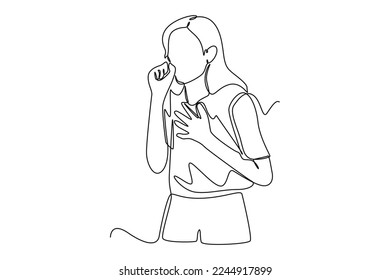 Single one line drawing Sick woman coughing over his hand. Sick people concept. Continuous line draw design graphic vector illustration.