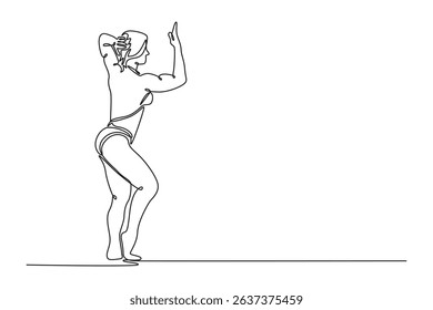 Single one line drawing side view of muscular female bodybuilder posing with arms on head. Bulked up sportswoman demonstrating body musculature. Continuous line draw design graphic vector illustration