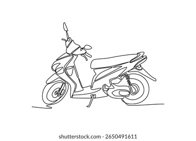 Uma única linha desenho vista lateral mote urbano moderno scooter na cidade. Motocicleta de transporte de duas rodas para mobilidade ou entrega. Ilustração de vetor gráfico de design de desenho de linha contínua