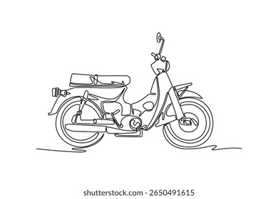 Uma única linha desenhando vista lateral de moto retro velho no fundo branco. Motocicleta cidadã urbana asiática para atividade diária pendular. Ilustração de vetor gráfico de design de desenho de linha contínua