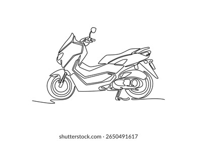Single one line drawing side view big modern scooter standing on white background. Stylish motorcycle for urban citizen or tour trip vacation. Continuous line draw design graphic vector illustration