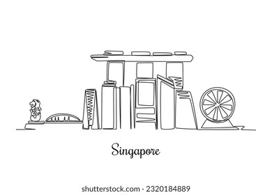 Single one line drawing Singapore city skyline. City concept. Continuous line draw design graphic vector illustration.