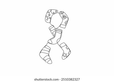 Single one line drawing six socks with different motifs and colors in the form of campaign ribbon. Has a blue yellow color. Caring. World Down Syndrome Day. Continuous line design graphic illustration
