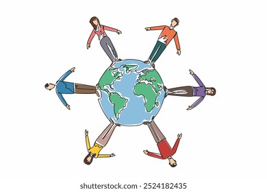 Single one line drawing six people standing around a globe. Collaborative efforts. Fostering a more interconnected world. Global reach. World NGO Day. Continuous line design graphic illustration