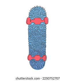 Single one line drawing skateboard, back side. Empty plywood skateboard for freestyle skill. Clear deck for street sport. Swirl curl style. Continuous line draw design graphic vector illustration