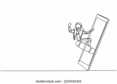 Single one line drawing of skateboarder astronaut riding skateboard and doing jump trick getting out of smartphone screen. Cosmic galaxy space. Continuous line draw graphic design vector illustration