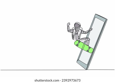 Single one line drawing of skateboarder astronaut riding skateboard and doing jump trick getting out of smartphone screen. Cosmic galaxy space. Continuous line draw graphic design vector illustration