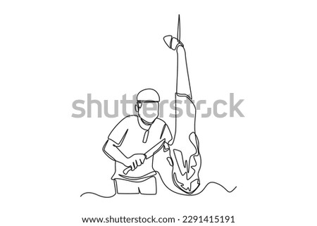 Single one line drawing slaughter sacrifices. Happy Eid Al Adha concept. Continuous line draw design graphic vector illustration. Stock photo © 