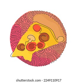 Single one line drawing slice of pizza with tomatoes, lettuce, sausage, cheese. Street food concept. Swirl curl circle background style. Modern continuous line draw design graphic vector illustration