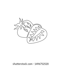 Single one line drawing sliced healthy organic strawberry for orchard logo identity. Fresh berry fruitage concept for fruit garden icon. Modern continuous line draw graphic design vector illustration