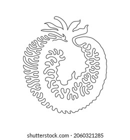 Dibujo de una sola línea en rodajas de tomate orgánico saludable para la identidad del logo de la agricultura. Concepto de verduras tropicales frescas para el ícono de jardinería vegetal. Estilo de rizo giratorio. Vector gráfico de diseño de trazos de línea continua