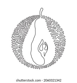 Single one line drawing sliced healthy organic pear for orchard logo. Fresh summer fruitage for fruit garden icon. Swirl curl circle background style. Continuous line draw design vector illustration