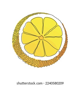 Dibujo de una sola línea de color naranja orgánico sano para la identidad del logotipo de huerto. Nuevo concepto de la herencia tropical. Estilo de fondo del círculo de redondeo giratorio. Moderno diseño de traza continua de línea vector gráfico