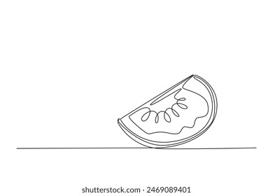Single one line drawing sliced of healthy organic tomato for farming logo identity. Fresh tropical vegetable concept for veggie garden icon. Modern continuous line design graphic vector illustration