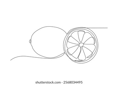 Single one line drawing sliced healthy organic Lemons. Fresh tropical fruitage concept for fruit garden icon. Modern continuous line graphic draw design vector illustration
