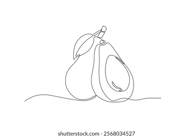 Single one line drawing sliced healthy organic Avocado. Fresh tropical fruitage concept for fruit garden icon. Modern continuous line graphic draw design vector illustration
