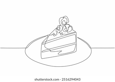 Single one line drawing slices of chocolate cake topped with rolled chocolate pieces. Most delicious chocolate cake. Calming. National Chocolate Cake Day. Continuous line design graphic illustration