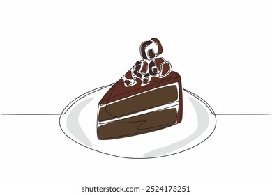 Single one line drawing slices of chocolate cake topped with rolled chocolate pieces. Most delicious chocolate cake. Calming. National Chocolate Cake Day. Continuous line design graphic illustration