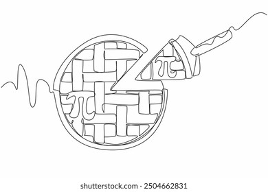 Single one line drawing small piece of apple pie cut off with the pi sign. Enjoying mathematical formula is as enjoyable as a slice of apple pie. Pi Day. Continuous line design graphic illustration