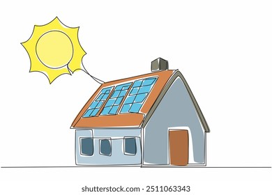 Uma única linha desenhando a casa pequena com a instalação do painel solar. Absorvendo energia solar térmica para energia elétrica em casa. Tecnologia. Dia da Valorização Solar. Ilustração gráfica de design de linha contínua