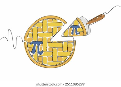 Single one line drawing small piece of apple pie cut off with the pi sign. Enjoying mathematical formula is as enjoyable as a slice of apple pie. Pi Day. Continuous line design graphic illustration