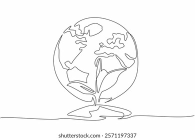 Single one line drawing small tree with a mound of earth with a globe behind it. Greening the earth by planting lots of green plants. Ecology. Greenery Day. Continuous line design graphic illustration