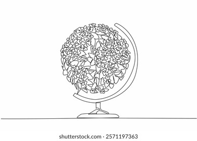 Single one line drawing small globe made of flowers and leaves. Green planet. High in oxygen. Healthy lungs. Calms the mind. The environment. Greenery Day. Continuous line design graphic illustration