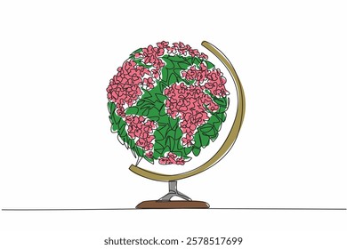 Single one line drawing small globe made of flowers and leaves. Green planet. High in oxygen. Healthy lungs. Calms the mind. The environment. Greenery Day. Continuous line design graphic illustration