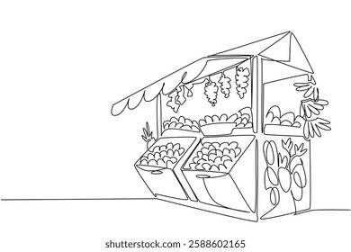 Single one line drawing small fruit stall containing various kinds of fruits. Kiosk. Ripe. Having a dream of a big fruit shop. National Small Business Day. Continuous line design graphic illustration