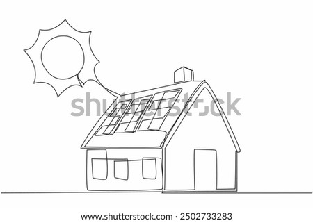 Single one line drawing small house with solar panel installation. Absorbing solar heat energy for electrical energy at home. Tech. Solar Appreciation Day. Continuous line design graphic illustration