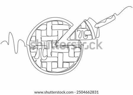 Single one line drawing small piece of apple pie cut off with the pi sign. Enjoying mathematical formula is as enjoyable as a slice of apple pie. Pi Day. Continuous line design graphic illustration