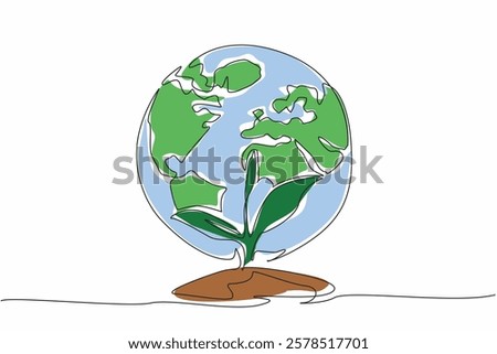 Single one line drawing small tree with a mound of earth with a globe behind it. Greening the earth by planting lots of green plants. Ecology. Greenery Day. Continuous line design graphic illustration
