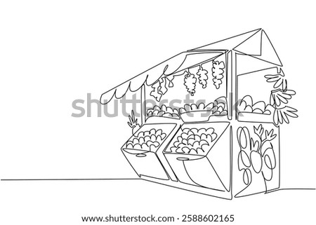 Single one line drawing small fruit stall containing various kinds of fruits. Kiosk. Ripe. Having a dream of a big fruit shop. National Small Business Day. Continuous line design graphic illustration