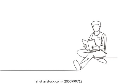 Single one line drawing smart student preparing for exam at home. Young man studying and reading book. Male reader sitting on floor, learning. Continuous line draw design graphic vector illustration