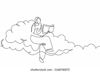 Single one line drawing smart Arab businesswoman sitting cloud   reading book  Studying higher education for worker  Pursuit career growth  Continuous line draw design graphic vector illustration