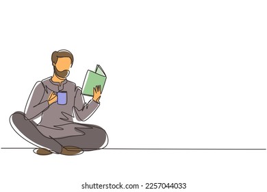Single one line drawing smart Arab student preparing for exam. Man studying, reading textbooks, drink cup of coffee. Reader sitting on floor, learning. Continuous line draw design vector illustration