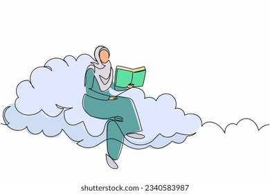 Single one line drawing smart Arab businesswoman sitting cloud   reading book  Studying higher education for worker  Pursuit career growth  Continuous line draw design graphic vector illustration