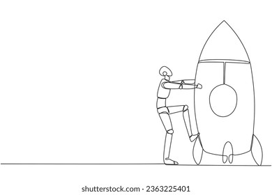 Single one line drawing smart robot and rocket. Get ready to ride rocket that will launch. Metaphors bring business success. Robot artificial intelligence. Continuous line design graphic illustration
