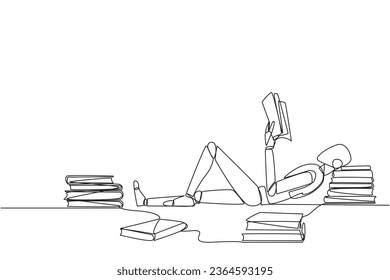 Single one line drawing smart robot lying down reading a book. Lots of books scattered around. Hobby reading. Technology book festival concept. Future AI. Continuous line design graphic illustration