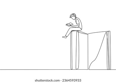 Single one line drawing smart happy man sitting on a big open book reading a book. Serious and focus learning increases insight. Book festival concept. Continuous line design graphic illustration