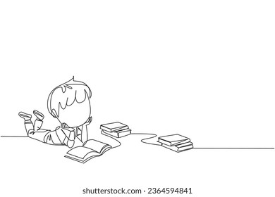 Single one line drawing smart boy reading books happily. Good reading interest. Really enjoy reading story books. Reading everywhere. Book festival concept. Continuous line design graphic illustration