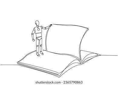 Single one line drawing smart robotic standing over open ledger turning page. Read slowly to understand contents of each page. Reading increases insight. Continuous line design graphic illustration