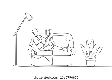 Single one line drawing smart robot sitting stretched out on sofa reading book. Really like content of the book reading on each page. Impressive. Love read. Continuous line design graphic illustration