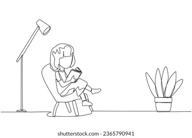 Una sola línea dibujando a una chica inteligente sentada leyendo en una habitación con una lámpara de lectura. Pasar las vacaciones escolares incrementando el conocimiento leyendo libros. Me encanta leer. Ilustración gráfica de diseño de línea continua