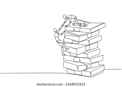 Single one line drawing smart robotic helping colleague climb a large pile of banknotes. Contagious success. Share tips for success. AI teamwork bonus. Continuous line design graphic illustration