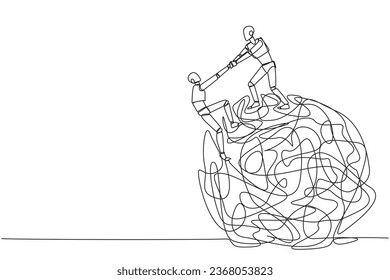 Single one line drawing smart robot helps colleague climbs the big heavy messy circle. Teamwork eliminates anxiety. Eliminate stress to focus on business. Continuous line design graphic illustration