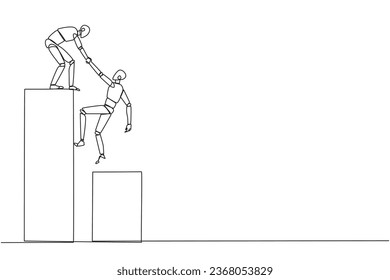 Single one line drawing smart robotic helps colleague climb the big bar graph. Helps to climb to higher ground. Move forward and success together. Teamwork. Continuous line design graphic illustration