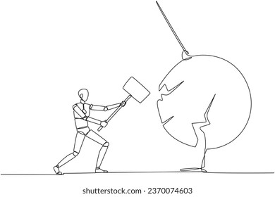 Single one line drawing smart robotic preparing to hit big swinging pendulum. Metaphor eliminate business distraction. Number one to be a business keeper. Continuous line design graphic illustration