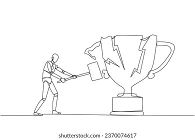 Robot inteligente de una sola línea que se prepara para golpear el gran trofeo. Rampa. Expresando cada vez más rabia. Rompiendo el trofeo con un martillo. Fallo. Ilustración gráfica de diseño de línea continua