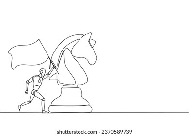 Single one line drawing smart robot future technology running and holding flag beside big horse knight chess. Business achievement goal, metaphor concept. Continuous line design graphic illustration